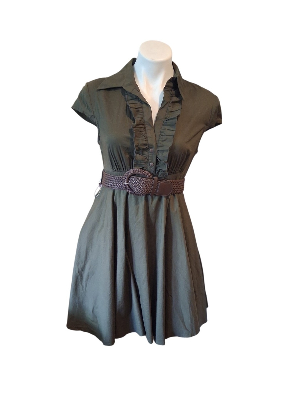 bailey blue Olive Green Ruffle-Front Fit & Flare Dress with Brown Belt
